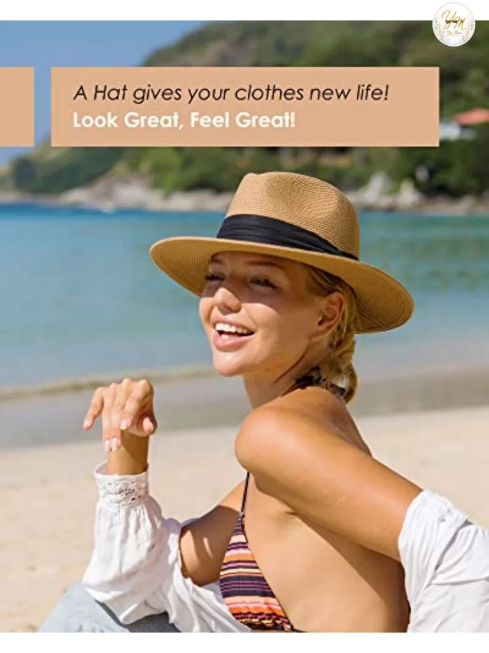 Wide Brim Straw Fedora Sun Hat for Summer Beach Travel with Chin Strap